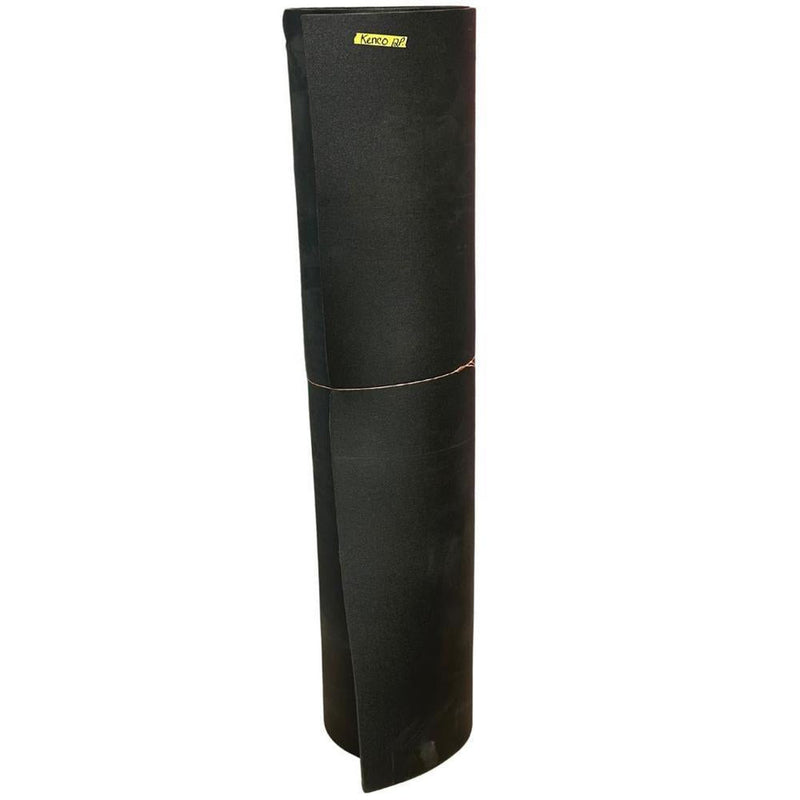 A black foam liner for a 12ft Wide Transom Radisson canoe, rolled up and standing upright.