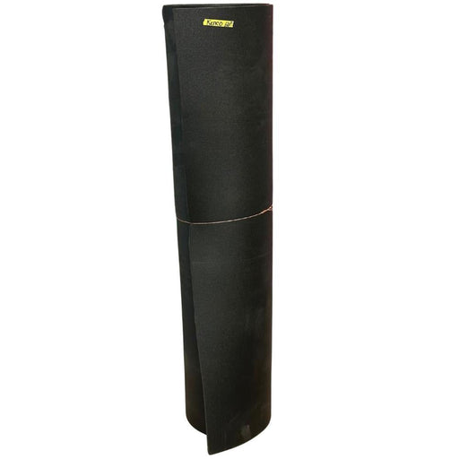 A black foam liner for a 12ft Wide Transom Radisson canoe, rolled up and standing upright.