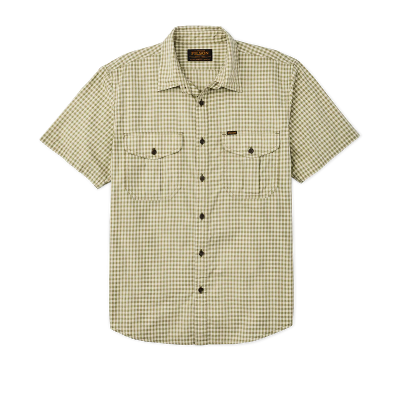 Men's Washed Short Sleeve Feather Cloth Shirt | Green/Ivory Gingham