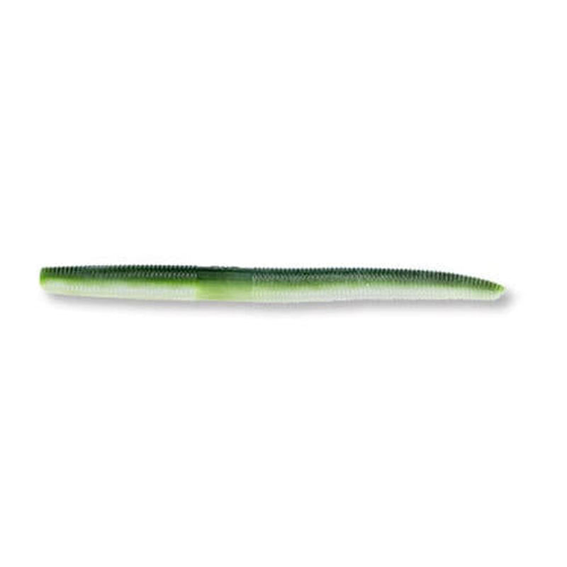 A soft plastic fishing lure shaped like a small worm, featuring a green body with a lighter translucent tail, shown horizontally on a plain white background.