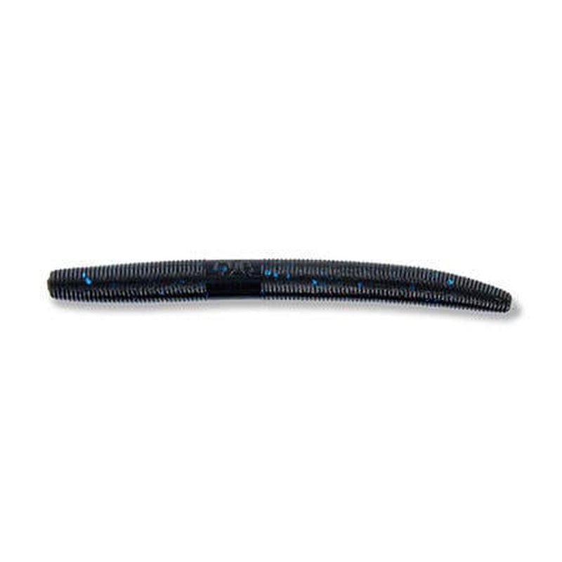 A black ribbed soft plastic fishing lure with blue glitter flakes, shown horizontally against a plain white background.