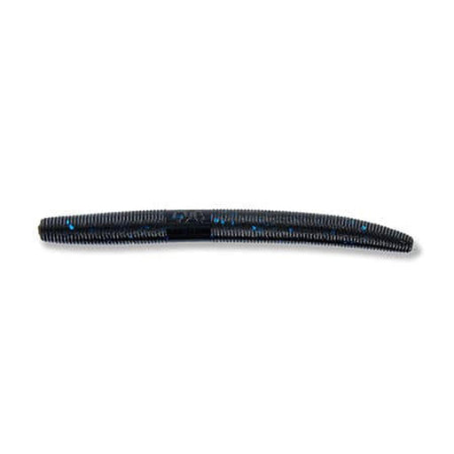 A black ribbed soft plastic fishing lure with blue glitter flakes, shown horizontally against a plain white background.