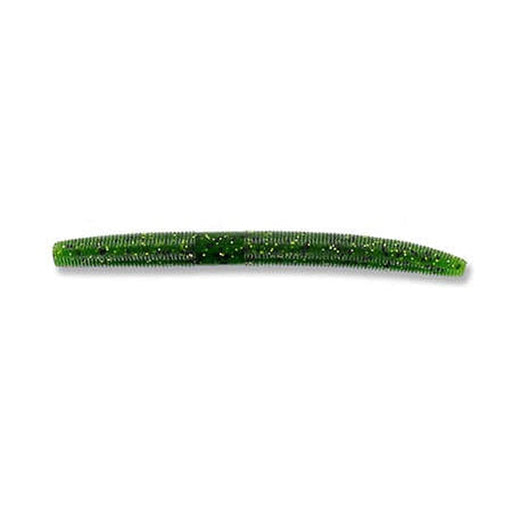 A green glittery soft plastic swimbait with a ribbed body and curved tail, shown against a plain white background.