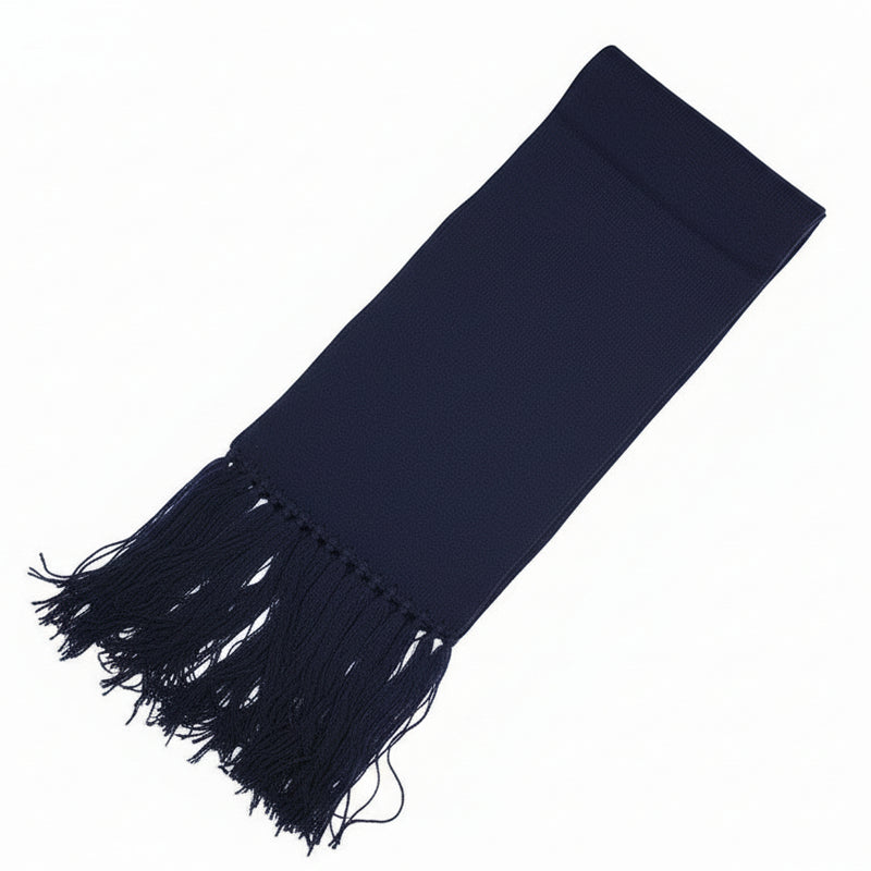Navy blue scarf against a white background. 