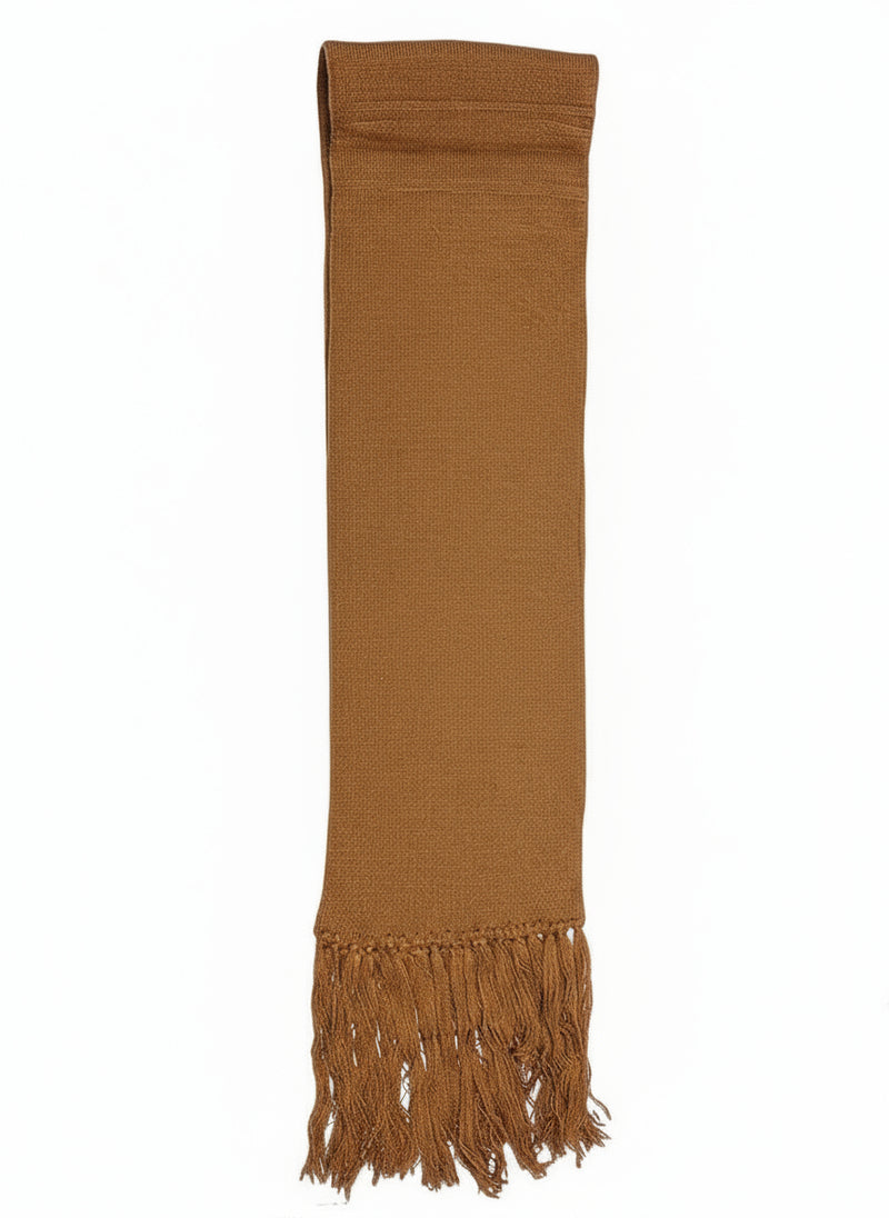 Light brown colored scarf against a white background. 