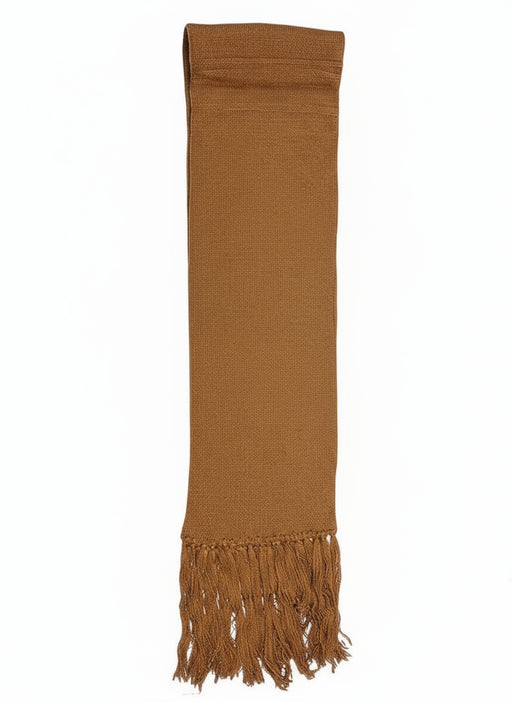 Light brown colored scarf against a white background. 