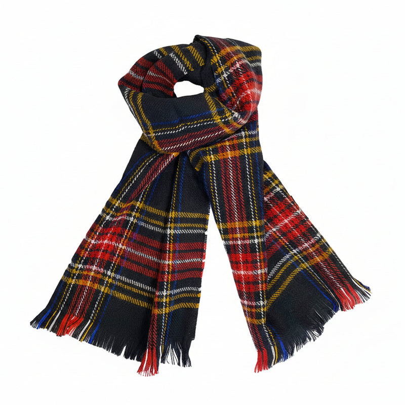 Plaid scarf in black, red, blue, and yellow on a white background.