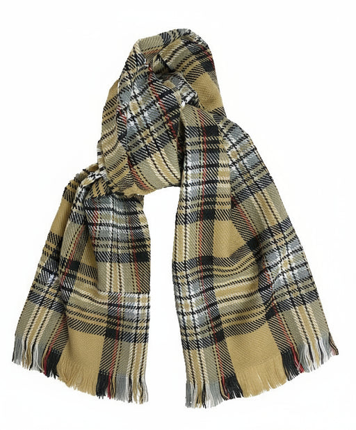 Tan colored scarf with blue accents against a white background. 