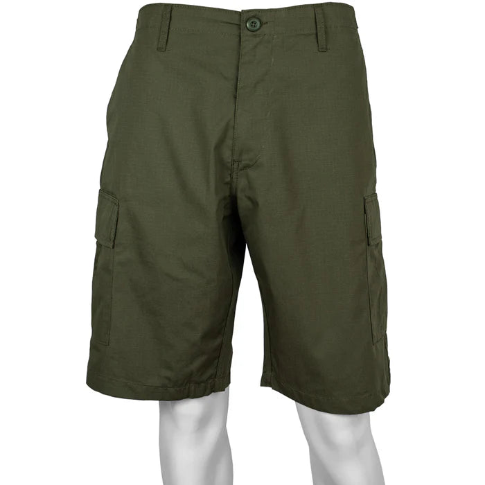 A pair of green cargo shorts on a white background
