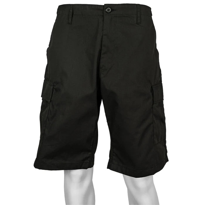 Black cargo shorts on a white background