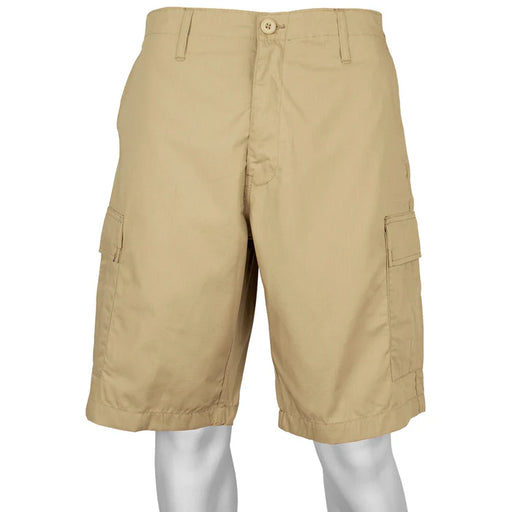Beige cargo shorts on a mannequin against a white background