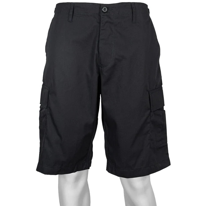 A dark navy blue pair of cargo shorts on a white background