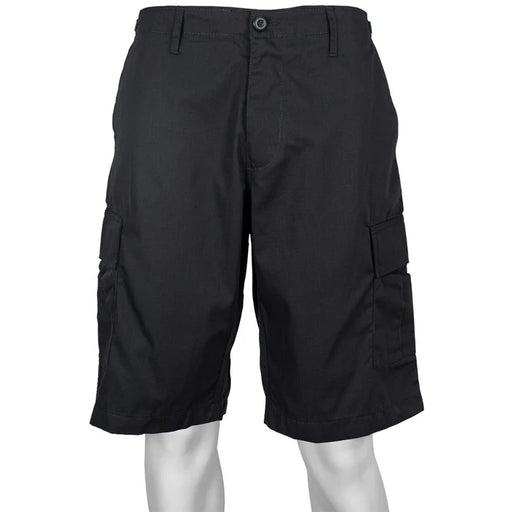 A dark navy blue pair of cargo shorts on a white background