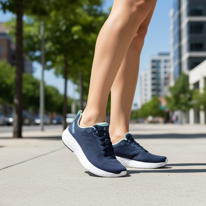 Woman wearing navy running shoe with white sole on an urban sidewalk