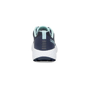 Navy and white athletic shoe on a white background
