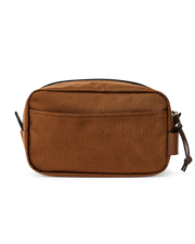 Light brown travel bag with zipper against a white background. 