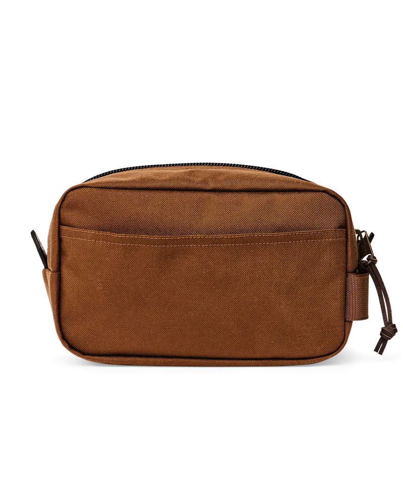 Light brown travel bag with zipper against a white background. 