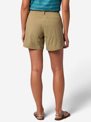 The back of a person wearing tan cargo shorts on a white background