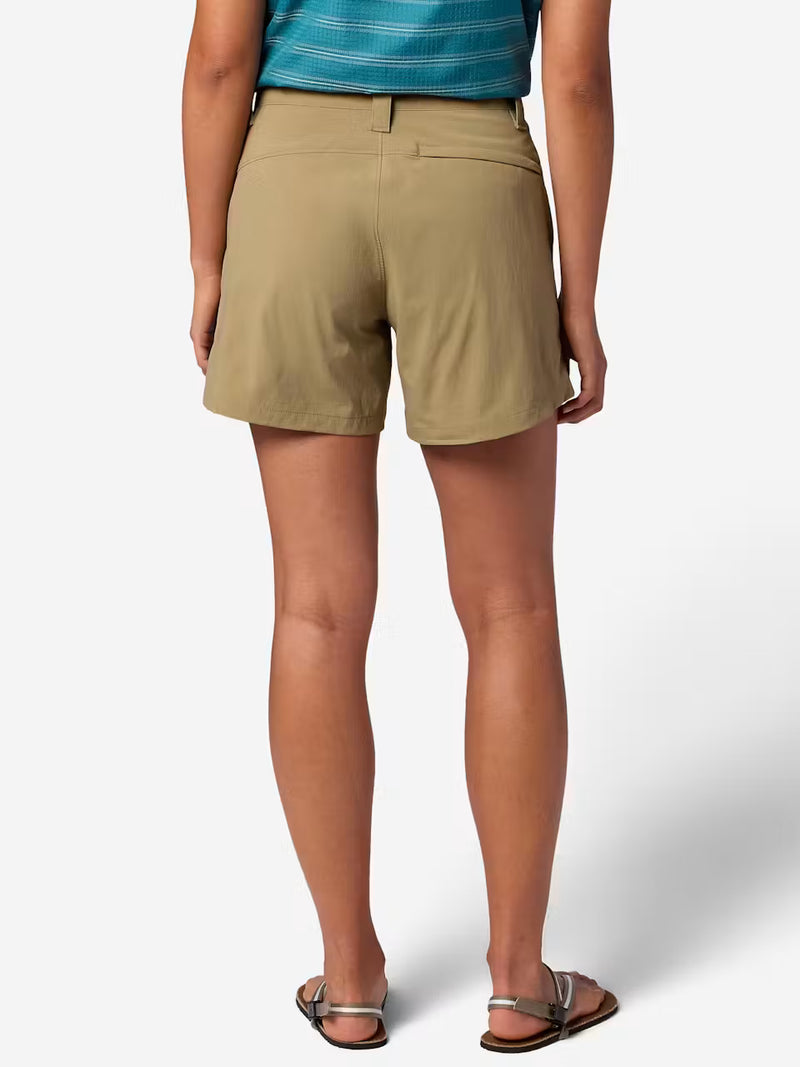 The back of a person wearing tan cargo shorts on a white background