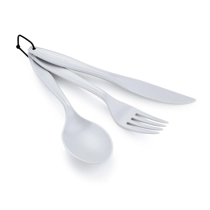 A white plastic camp utensil set with a spoon, fork, and knife attached by a black lanyard, shown on a clean white background.