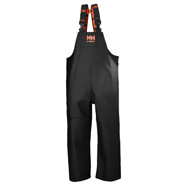 Black bib overalls with orange suspenders on a light gray background