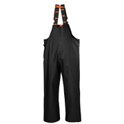 Black bib overalls with Helly Hansen branding on a light gray background