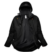 Black jacket with a brand logo on a light gray background