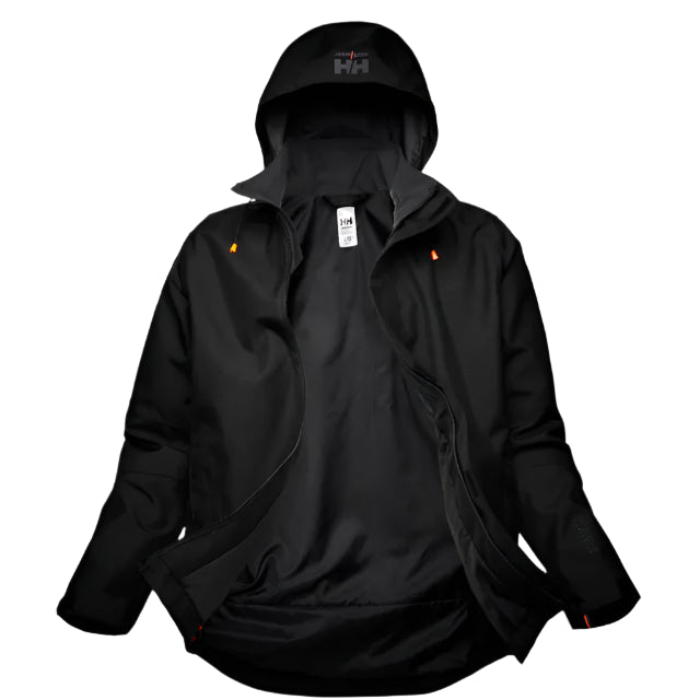 Black jacket with a brand logo on a light gray background
