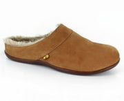 Tan slipper with fur lining on a white background