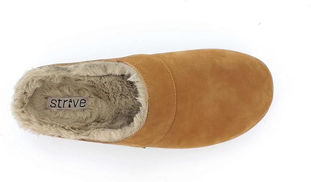 Tan slipper with fur lining on a white background, featuring the brand 'strive'.