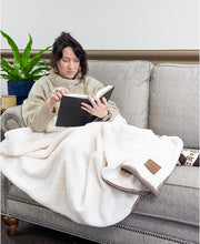 Woman sitting on a couch under a white throw blanket reading a book. 