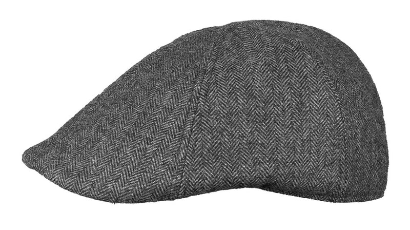 Side view of a gray pub cap against a white background. 