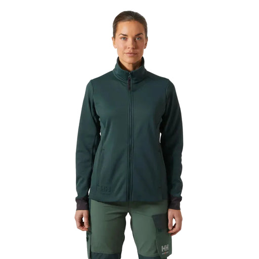 Person wearing a green jacket and pants with a visible brand logo on a white background