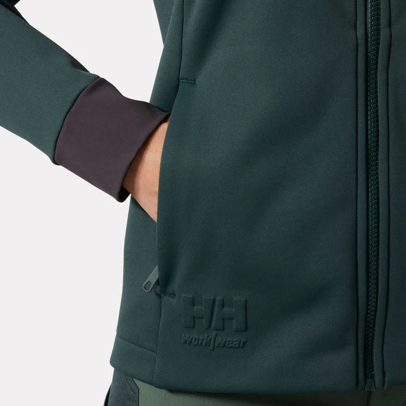 Green jacket with Helly Hansen Workwear logo on a white background