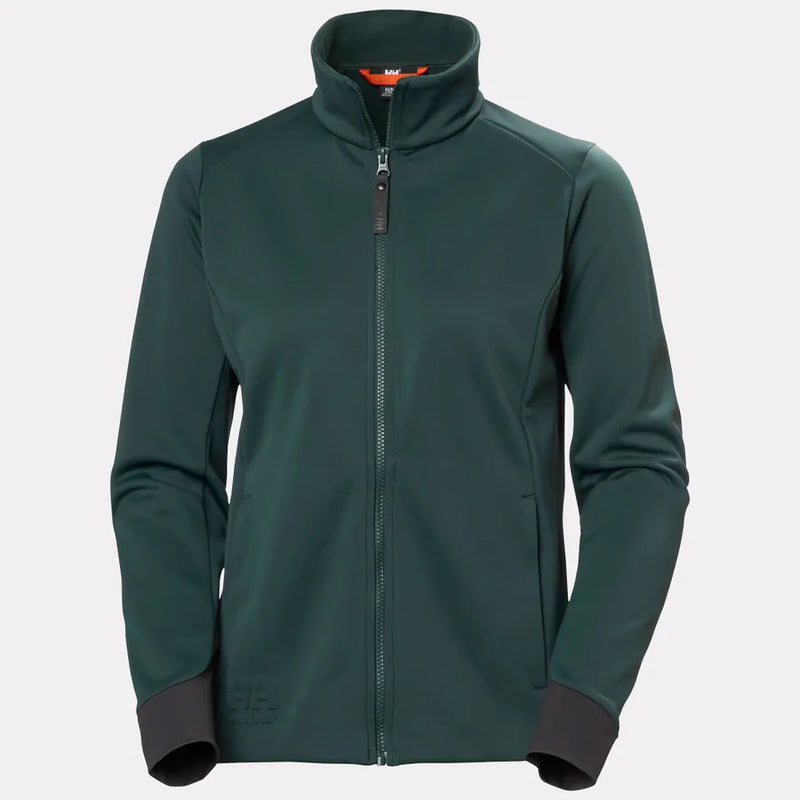 Green jacket with a brand logo on a light gray background