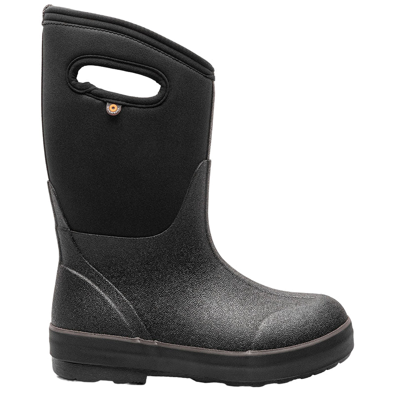 Black rubber boot with a handle on a white background
