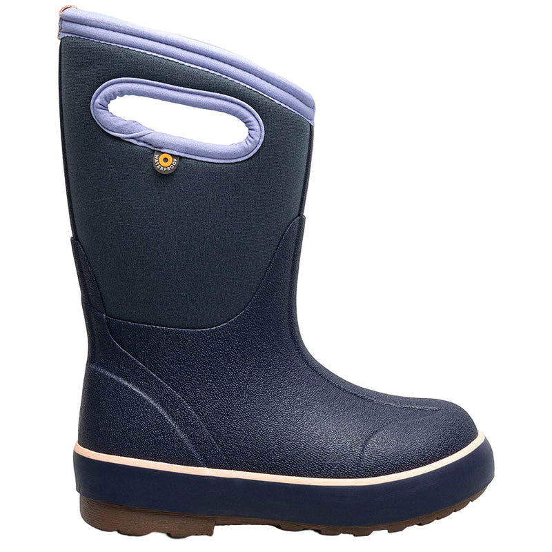 Navy rain boot with a white sole on a white background
