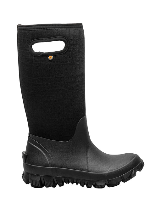 Black rubber boot with a handle on a white background