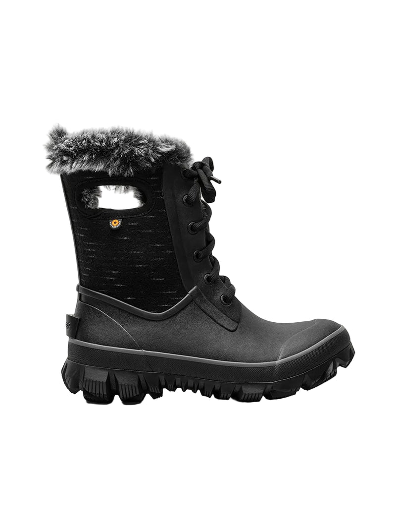 Black winter boot with fur lining on a white background