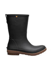 Black rain boot with brown sole on a white background