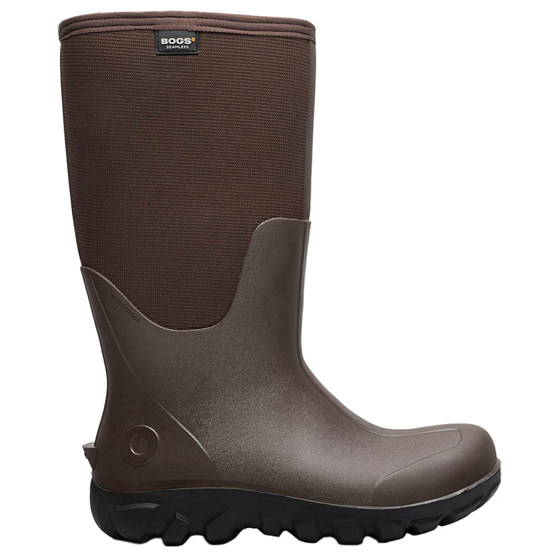Brown rubber boot with Bogs logo on a white background