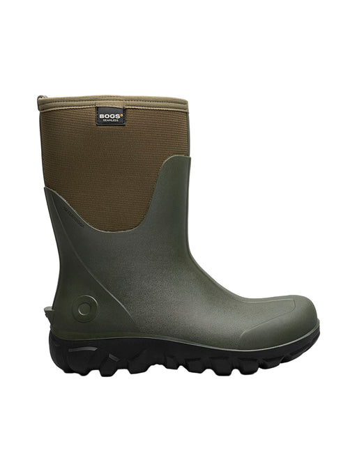 Green rubber boot with brown top on a white background