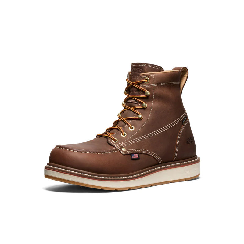 Brown leather boot with gold laces on a white background