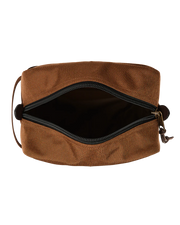 Light brown travel bag with zipper against a white background. 