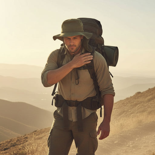 Guy backpacking through the desert wearing a green colored boonie hat.