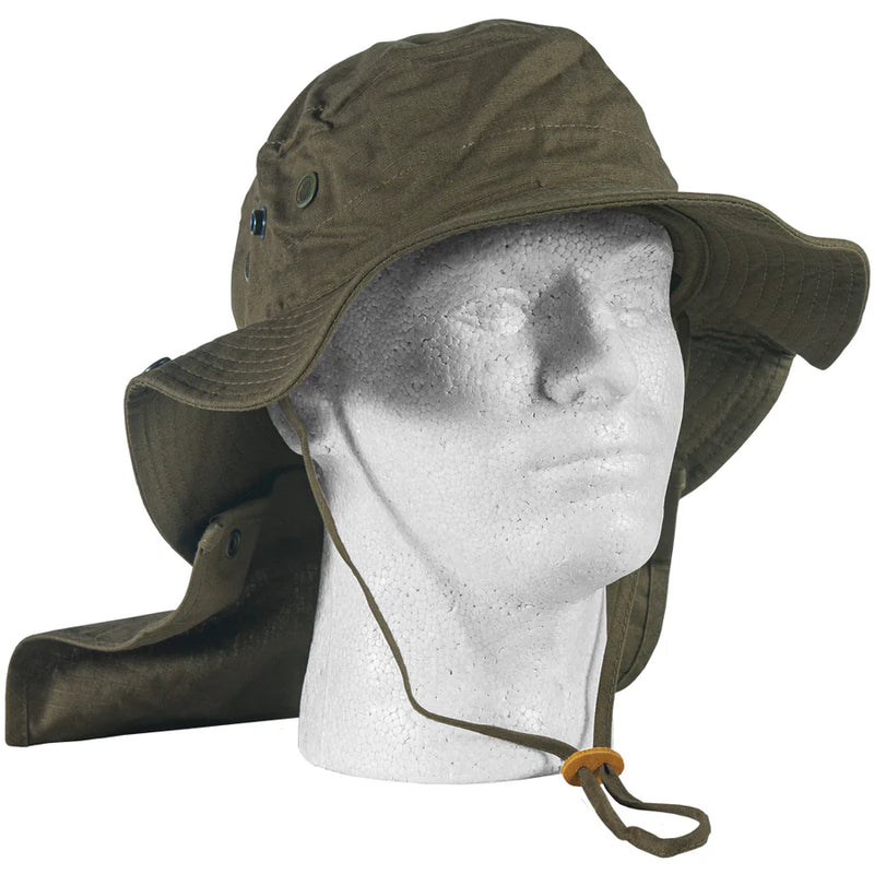 Green colored boonie hat on a mannequin against a white background. 