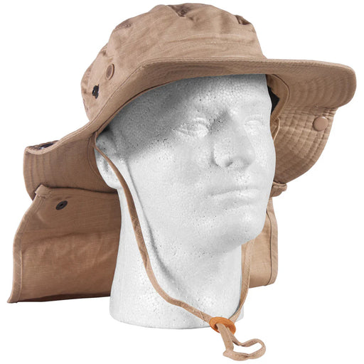 Tan colored boonie hat on a mannequin against a white background. 