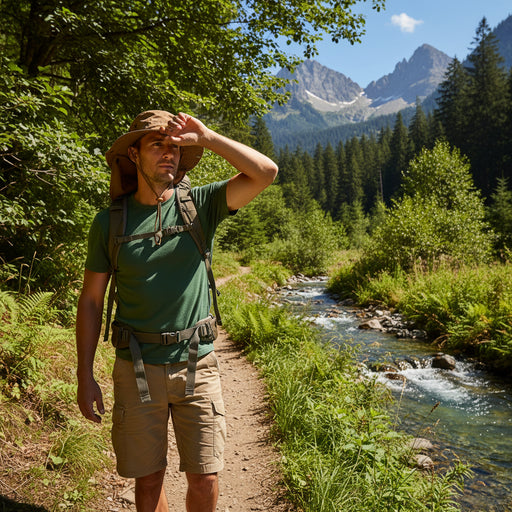 A man hiking through the wilderness wearing a tan colored boonie hat.