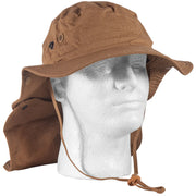 Tan colored boonie hat on a mannequin against a white background.