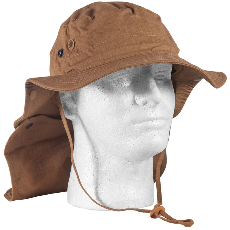 Tan colored boonie hat on a mannequin against a white background.